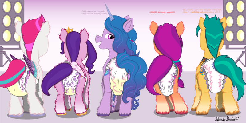 Size: 2400x1200 | Tagged: questionable, alternate version, artist:thunderdasher07, derpibooru import, hitch trailblazer, izzy moonbow, pipp petals, sunny starscout, zipp storm, earth pony, pegasus, pony, unicorn, g5, my little pony: a new generation, both cutie marks, bracelet, braid, braided ponytail, butt, butt focus, butt shake, coat markings, colored wings, diadem, dialogue, diaper, diaper butt, diaper fetish, ear fluff, female, fetish, fit right in (g5), fluffy, fluffy wings, folded wings, friendship bracelet, full diaper, glitter, grunting, headress, height difference, hoof fluff, image, jewelry, leg fluff, line-up, looking back, male, mane five, mare, messy diaper, neck fluff, non-baby in diaper, open mouth, pissing, plot, plotline, png, ponytail, poofy diaper, poop, pooping, poopy diaper, rear view, regalia, scat, scene interpretation, signature, singing, soaked diaper, socks (coat marking), stage light, stallion, straining, sunny's bag, tail, tail hole, talking, unshorn fetlocks, urine, watch us shake our unicorn butts, watersports, wet diaper, wetting, wings
