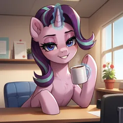 Size: 2048x2048 | Tagged: safe, ai content, derpibooru import, generator:confetticomrademix, machine learning generated, stable diffusion, starlight glimmer, pony, unicorn, bedroom eyes, blush lines, blushing, chair, chest fluff, chocolate, collarbone, desk, ear fluff, eyelashes, female, flower, flower pot, food, g4, glow, glowing horn, high res, hooves on the table, horn, hot chocolate, image, indoors, leaning, leaning on table, levitation, lips, looking at you, magic, magic aura, mare, mug, office, office chair, paper, plant, png, potted plant, prompter:tyto4tme4l, smiling, smiling at you, solo, steam, teeth, telekinesis, underhoof, window