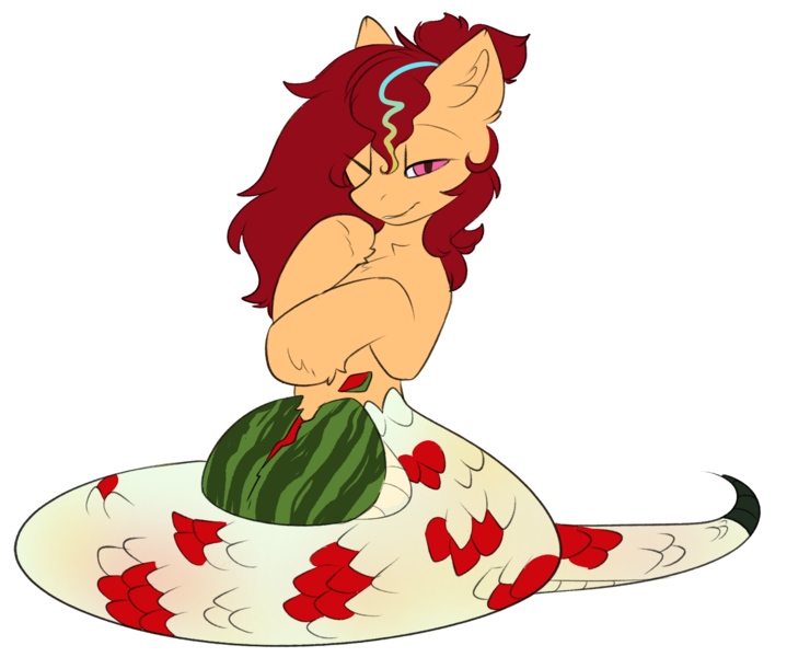 Size: 1788x1450 | Tagged: safe, artist:beardie, derpibooru import, oc, oc:anya heartsqueeze, unofficial characters only, lamia, original species, ponyta, snake, snake pony, coiling, coils, crushing, female, food, fruit, image, png, pokémon, red eyes, simple background, solo, transparent background, watermelon