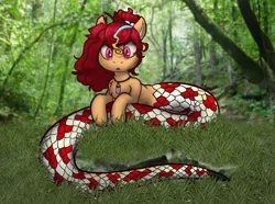 Size: 1833x1361 | Tagged: safe, artist:jiralightstalker, derpibooru import, oc, oc:anya heartsqueeze, unofficial characters only, lamia, original species, snake, snake pony, belly button, fangs, female, forest, forest background, hair tie, image, jewelry, nature, necklace, png, ponytail, real life background, red eyes, solo, tree