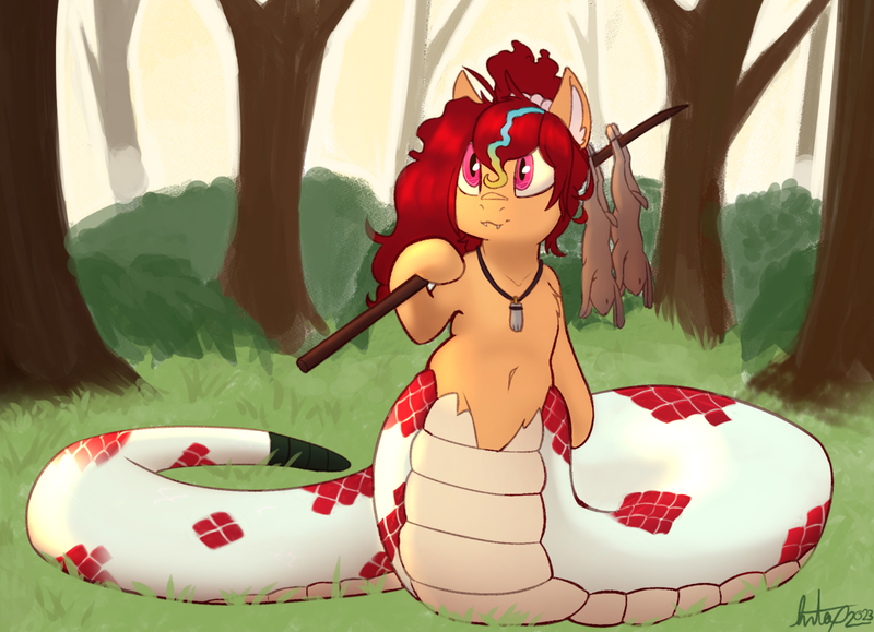 Size: 1493x1080 | Tagged: safe, artist:jiralightstalker, derpibooru import, oc, oc:anya heartsqueeze, unofficial characters only, lamia, original species, rabbit, snake, snake pony, animal, belly button, corpse, fangs, female, forest, hair tie, hunting, image, jewelry, nature, necklace, outdoors, png, red eyes, red mane, solo, spear, tree, weapon