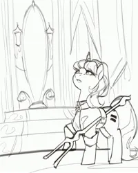 Size: 2400x3000 | Tagged: safe, artist:egil, derpibooru import, starlight glimmer, pony, unicorn, female, grayscale, image, jpeg, looking up, mare, monochrome, s5 starlight, sketch, solo, staff, staff of sameness, throne room