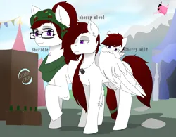 Size: 2960x2304 | Tagged: safe, derpibooru import, oc, oc:sherry cloud, pegasus, pony, child, dog tags, family, female, image, light skin, mother and child, mother and daughter, png, purple eyes, red hair, siblings, sisters, trio, wings