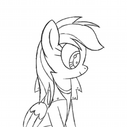 Size: 1080x1080 | Tagged: safe, artist:iamaveryrealperson, derpibooru import, rainbow dash, pegasus, pony, 20 fps, 2023, animated, black and white, blinking, boop, clothes, ear twitch, eyebrows, eyelashes, five seconds or less, flustered, folded wings, frown, g4, gif, grayscale, image, jacket, leather, leather jacket, looking at someone, looking at something, looking at you, looking offscreen, loop, monochrome, moving, nose wrinkle, offscreen character, perfect loop, rainbow dash is not amused, raised hoof, scrunchy face, shirt, show accurate, simple background, sketchy lines, smiling, t-shirt, unamused, white background, wings