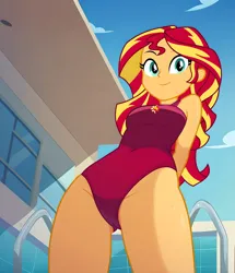 Size: 2920x3400 | Tagged: suggestive, ai content, derpibooru import, machine learning assisted, machine learning generated, prompter:thismaybeyou, stable diffusion, sunset shimmer, human, equestria girls, baywatch, beautiful, beautisexy, before starting swimming, before swimming, breasts, busty sunset shimmer, cutie mark, cyan eyes, female, from below, generator:pony diffusion v6 xl, hand on back, hands behind back, happy, image, legs, looking at something, one-piece swimsuit, png, reasonably sized breasts, red swimsuit, sexy, show accurate, smiling, solo, solo female, swimming pool, swimsuit, teenage sunset shimmer, teenager