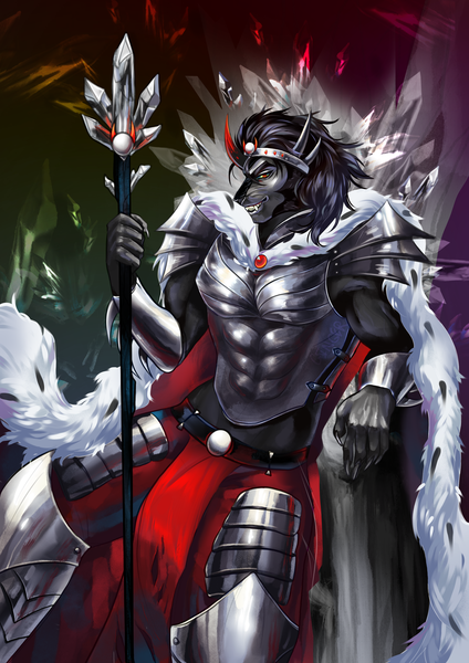 Size: 2480x3508 | Tagged: safe, artist:ginger, derpibooru import, king sombra, anthro, umbrum, unicorn, antagonist, anthro with ponies, armor, claws, cloak, clothes, crown, crystal, dark magic, fangs, image, jewelry, magic, male, metal, muscles, png, realistic, red eyes, regalia, throne