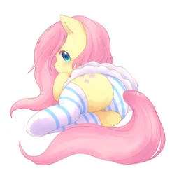 Size: 2060x2091 | Tagged: safe, artist:aleurajan, derpibooru import, fluttershy, pegasus, pony, clothes, female, high res, image, looking back, lying down, mare, panties, png, shy, side, simple background, socks, solo, striped panties, striped socks, striped underwear, underwear, white background