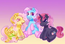Size: 3700x2500 | Tagged: safe, alternate version, artist:leopardsnaps, derpibooru import, oc, oc:bright hope, oc:crystal nightshine, oc:golden rose, unofficial characters only, earth pony, pony, unicorn, g3, alternate cutie mark, blaze (coat marking), coat markings, colored hooves, cutie mark, facial markings, gradient background, gradient legs, horn, image, large cutie mark, looking at each other, looking at someone, male, multicolored eyes, open mouth, open smile, png, raised hoof, sitting, smiling, socks (coat marking), solo, stallion, style emulation, trio, unicorn oc