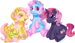 Size: 3557x2040 | Tagged: safe, alternate version, artist:leopardsnaps, derpibooru import, oc, oc:bright hope, oc:crystal nightshine, oc:golden rose, unofficial characters only, earth pony, pony, unicorn, g3, alternate cutie mark, blaze (coat marking), coat markings, colored hooves, cutie mark, facial markings, gradient hooves, horn, image, large cutie mark, looking at each other, looking at someone, male, multicolored eyes, open mouth, open smile, png, raised hoof, simple background, sitting, smiling, socks (coat marking), solo, stallion, style emulation, transparent background, trio, unicorn oc