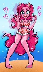 Size: 1952x3263 | Tagged: safe, artist:vikensy, derpibooru import, pinkie pie, anthro, earth pony, unguligrade anthro, beach, big breasts, breasts, busty pinkie pie, cleavage, clothes, female, heart, image, midriff, no nose, open mouth, open smile, peace sign, png, shorts, smiling, solo, wasp waist