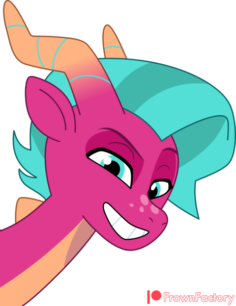 Size: 3000x3878 | Tagged: safe, artist:frownfactory, derpibooru import, dragon, g5, my little pony: tell your tale, blaize skysong, bust, dragoness, female, grin, horns, image, lavarynth, png, simple background, smiling, solo, transparent background, vector