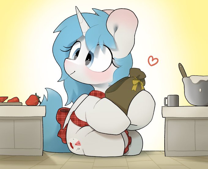 Size: 680x554 | Tagged: safe, artist:mochi_nation, derpibooru import, oc, oc:nara (fl), unofficial characters only, alicorn, pony, bag, bowl, commission, cooking, cup, food, happy, heart, image, jpeg, kitchen, looking at something, smiling, solo, strawberry, sweet, teacup, whisk