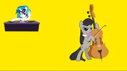 Size: 1080x607 | Tagged: safe, screencap, octavia melody, vinyl scratch, earth pony, pony, unicorn, series:mlp animation's short films, series:octavia's practice, cello, dj booth, duo, duo female, female, image, jpeg, musical instrument