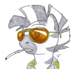 Size: 600x559 | Tagged: safe, artist:dombrus, derpibooru import, oc, unofficial characters only, zebra, bust, cigarette, image, jpeg, portrait, simple background, solo, sunglasses, traditional art, zebra oc