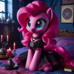 Size: 1024x1024 | Tagged: safe, ai content, derpibooru import, machine learning generated, pinkie pie, earth pony, bed, bedroom, candle, clothes, dalle mini, dress, image, jewelry, jpeg, pentagram, solo, wicca, witch