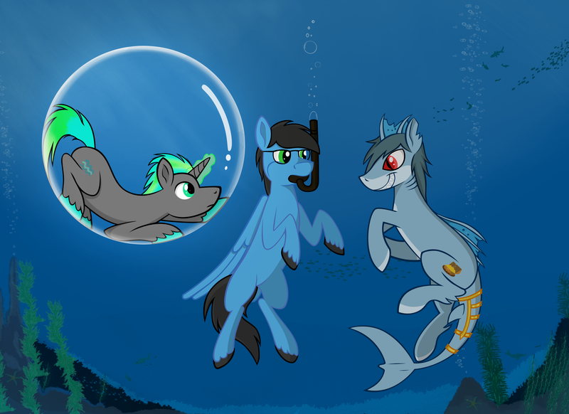 Size: 2338x1700 | Tagged: safe, artist:elponyfurry, derpibooru import, oc, oc:tidal drift, unofficial characters only, fish, hybrid, merpony, original species, pegasus, pony, shark, shark pony, unicorn, air bubble, bubble, crepuscular rays, digital art, dorsal fin, feather, fin, fins, fish tail, flowing mane, flowing tail, gills, image, ocean, png, seaweed, snorkel, sunlight, swimming, tail, trio, underwater, unshorn fetlocks, water