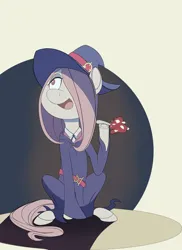 Size: 1700x2338 | Tagged: safe, artist:elponyfurry, derpibooru import, ponified, earth pony, pony, clothes, costume, hair over one eye, hat, image, little witch academia, mushroom, open mouth, png, sitting, sucy manbavaran, witch hat