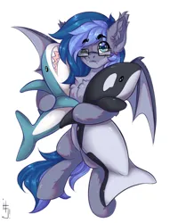Size: 2400x3000 | Tagged: source needed, safe, artist:falafeljake, derpibooru import, oc, oc:midnight snowstorm, unofficial characters only, bat pony, pony, shark, blåhaj, chest fluff, commission, cuddling, glasses, image, jpeg, looking at you, male, one eye closed, plushie, shark plushie, simple background, smiling, smiling at you, solo, stallion, white background, wink