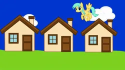 Size: 1080x606 | Tagged: safe, screencap, sunshower raindrops, pegasus, pony, series:bread for ponies, series:mlp animation's short films, flying, house, image, jpeg, solo