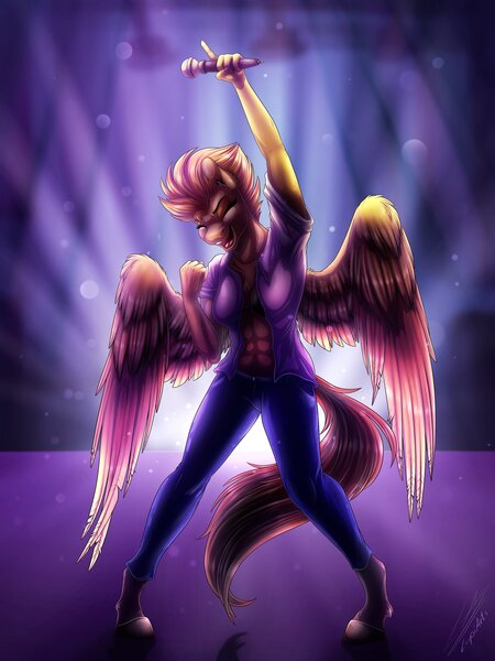 Size: 3000x4000 | Tagged: suggestive, artist:lupiarts, derpibooru import, spitfire, anthro, pegasus, unguligrade anthro, abs, backlighting, bra, clothes, denim, eyes closed, female, fitfire, image, jeans, jpeg, karaoke, microphone, muscles, open clothes, open mouth, open shirt, open smile, pants, singing, smiling, solo, solo female, underwear
