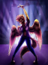 Size: 3000x4000 | Tagged: suggestive, artist:lupiarts, derpibooru import, spitfire, anthro, pegasus, unguligrade anthro, abs, backlighting, bra, breasts, clothes, denim, eyes closed, female, fitfire, image, jeans, jpeg, karaoke, microphone, muscles, open clothes, open mouth, open shirt, open smile, pants, singing, smiling, solo, solo female, underwear