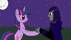 Size: 1920x1080 | Tagged: safe, artist:platinumdrop, derpibooru import, twilight sparkle, unicorn, blushing, crossover, crossover shipping, dc comics, image, looking at each other, looking at someone, night, png, raven (dc comics), request, shipping, unicorn twilight
