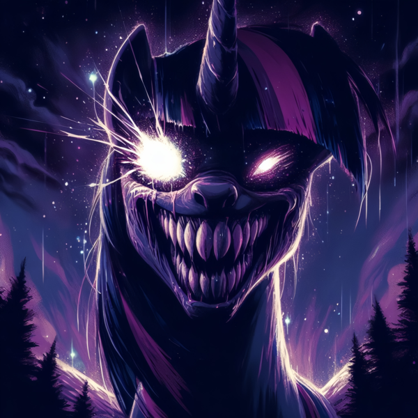 Size: 4096x4096 | Tagged: semi-grimdark, ai content, derpibooru import, machine learning generated, prompter:enterusxrname, twilight sparkle, twilight sparkle (alicorn), alicorn, pony, absurd resolution, evil, female, g4, generator:bing image creator, generator:dall-e 3, glow, glowing eyes, image, mare, night, nightmare fuel, open mouth, outdoors, png, sharp teeth, solo, stars, teeth, tree, twilight snapple