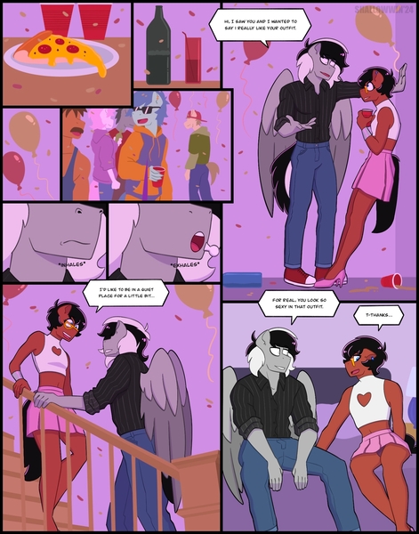 Size: 1668x2124 | Tagged: safe, artist:shallowwin, derpibooru import, oc, oc:benjamin terrance tover, unofficial characters only, anthro, earth pony, pegasus, pony, anthro oc, bedroom, clothes, comic, commission, crossdressing, cute, dialogue, gay, house, image, jpeg, male, oc x oc, party, romance, romantic, shipping, skirt, spread wings, stallion, stallion on stallion, wings