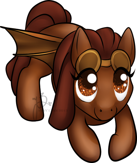 Size: 452x540 | Tagged: safe, artist:nyny, derpibooru import, oc, oc:ramonacogwright, earth pony, artificial wings, augmented, brown eyes, brown fur, brown hair, chibi, dreadlocks, female, goggles, goggles on head, image, looking at you, mechanical wing, png, simple background, smiling, smiling at you, solo, solo female, solo focus, steampunk, white background, wings