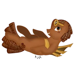 Size: 800x800 | Tagged: safe, artist:shadowfoxnjp, derpibooru import, oc, oc:ramonacogwright, earth pony, pony, artificial wings, augmented, brown eyes, brown fur, brown hair, dreadlocks, female, freckles, goggles, goggles on head, image, lying down, mechanical wing, png, side view, simple background, smiling, solo, solo female, solo focus, steampunk, transparent background, wings