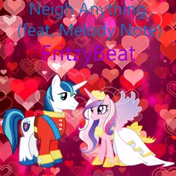 Size: 900x900 | Tagged: safe, artist:aaliyah_rosado, artist:fritzybeat, artist:user15432, derpibooru import, princess cadance, shining armor, alicorn, pony, unicorn, neigh anything, album, album cover, clothes, colored wings, dress, female, gradient wings, heart, heart background, image, jpeg, looking at each other, male, mare, pink background, shiningcadance, shipping, simple background, smiling, stallion, straight, tuxedo, uniform, wedding dress, wedding tuxedo, wings