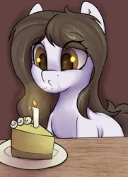 Size: 1999x2759 | Tagged: safe, artist:dumbwoofer, derpibooru import, oc, oc:dumbwoofer, earth pony, pony, birthday, birthday cake, blowing, cake, candle, ear fluff, female, food, image, mare, plate, png, simple background, solo, table