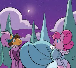Size: 545x489 | Tagged: safe, artist:jenna ayoub, derpibooru import, idw, cheese sandwich, pinkie pie, clothes, dress, image, moon, my little pony classics reimagined: romeo and juliet, night, png, tree