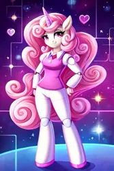 Size: 768x1152 | Tagged: safe, ai content, derpibooru import, machine learning generated, prompter:chillyhooves, stable diffusion, sweetie belle, anthro, robot, unicorn, image, jpeg, sweetie bot