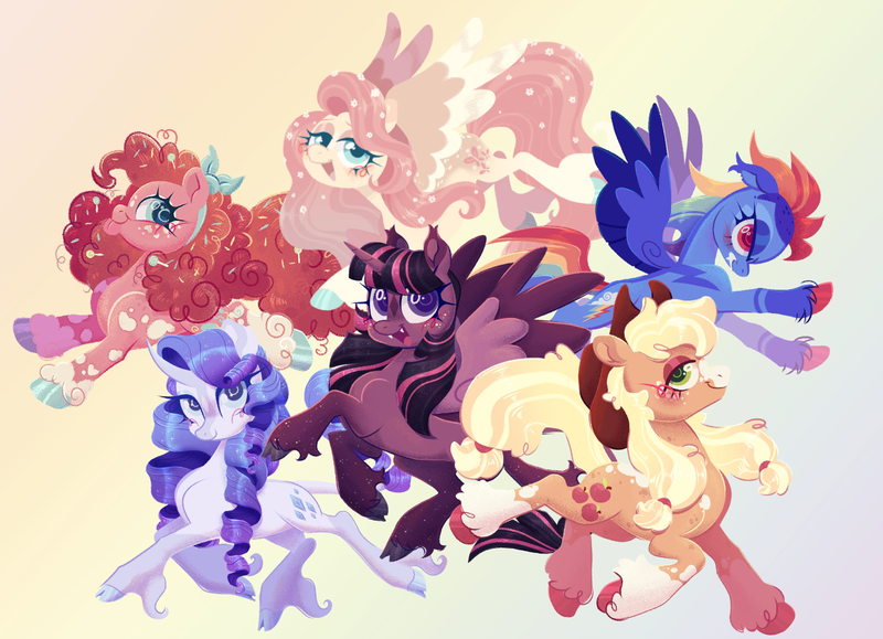 Size: 1387x1003 | Tagged: safe, artist:bishopony, derpibooru import, applejack, fluttershy, pinkie pie, rainbow dash, rarity, twilight sparkle, twilight sparkle (alicorn), alicorn, classical unicorn, earth pony, pegasus, pony, unicorn, alternate design, blush scribble, blushing, candy, cloven hooves, coat markings, cute, cute little fangs, fangs, flower, flower in hair, food, gradient background, grin, hoof fluff, horn, image, leonine tail, lidded eyes, lollipop, long feather, mane six, open mouth, open smile, png, rainbow background, smiling, spread wings, sprinkles, tongue out, unshorn fetlocks, wings