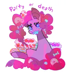 Size: 851x931 | Tagged: safe, artist:cutesykill, derpibooru import, pinkie pie, earth pony, pony, cake, candy, fangs, female, food, g4, hair accessory, image, jpeg, looking at you, looking back, looking back at you, mare, pastries, simple background, sitting, solo, text, white background, wingding eyes