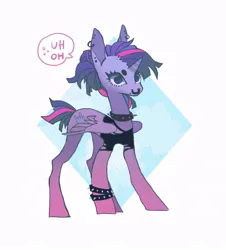 Size: 868x960 | Tagged: safe, artist:cutesykill, derpibooru import, twilight sparkle, twilight sparkle (alicorn), alicorn, pony, alternate cutie mark, alternate hairstyle, alternate tailstyle, bracelet, clothes, collar, dialogue, ear piercing, female, folded wings, gradient hooves, image, jpeg, lip piercing, mare, no mouth, nose piercing, piercing, punklight sparkle, short tail, solo, spiked collar, spiked wristband, standing, sweat, sweatdrop, tail, talking, text, torn clothes, wings, wristband