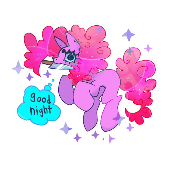 Size: 851x851 | Tagged: safe, artist:cutesykill, derpibooru import, pinkie pie, earth pony, pony, ear piercing, earring, female, g4, holding, hooves in air, image, jewelry, knife, mare, mouth hold, no mouth, piercing, png, simple background, solo, sparkles, text, thinking, white background, wingding eyes