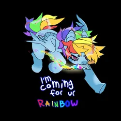 Size: 1021x1021 | Tagged: safe, artist:cutesykill, derpibooru import, rainbow dash, pegasus, pony, beanbrows, black background, blood, cutie mark, eyebrows, female, folded wings, g4, holding, image, jpeg, knife, lidded eyes, looking at you, mare, narrowed eyes, rainbow blood, running, simple background, solo, text, wingding eyes, wings