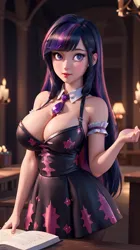 Size: 512x912 | Tagged: suggestive, ai content, derpibooru import, machine learning generated, stable diffusion, twilight sparkle, human, big breasts, book, breasts, busty twilight sparkle, cleavage, clothes, cravat, dress, humanized, image, looking at you, png, prompter:cloudmaster316, raised hand, shirtless shirt collar, solo