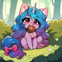Size: 1024x1024 | Tagged: safe, ai content, derpibooru import, machine learning generated, prompter:faerindahol, stable diffusion, izzy moonbow, cat, cat pony, original species, pony, unicorn, g5, bow, bush, chibi, collar, cute, cuteness overload, daaaaaaaaaaaw, donut, female, fluffy, food, forest, generator:pony diffusion v6 xl, image, izzybetes, mouth hold, nature, png, sitting, tail, tail bow, tree