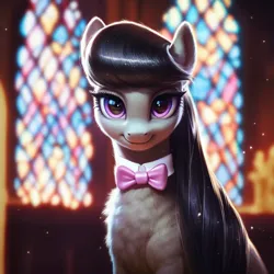 Size: 1024x1024 | Tagged: safe, ai content, derpibooru import, machine learning generated, prompter:maresforever, stable diffusion, octavia melody, earth pony, pony, bow, chest fluff, female, g4, generator:pony diffusion v6 xl, image, looking at you, mare, png, smiling, solo