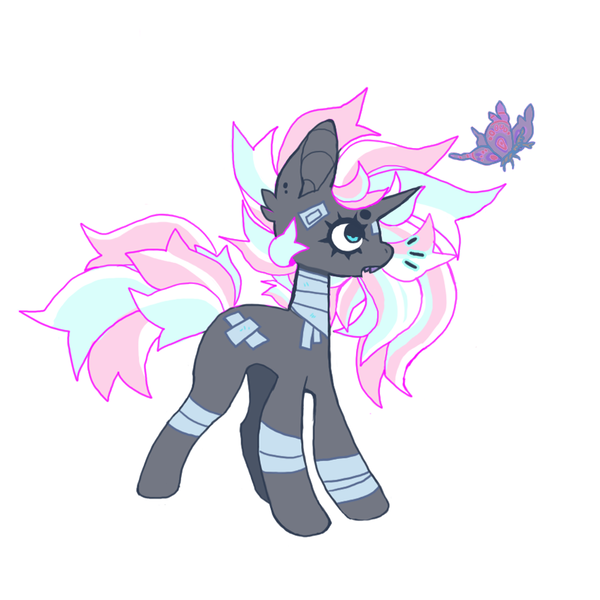 Size: 851x851 | Tagged: safe, artist:cutesykill, derpibooru import, oc, unofficial characters only, butterfly, insect, pony, unicorn, bandage, ear piercing, earring, fangs, horn, image, jewelry, multicolored mane, multicolored tail, open mouth, piercing, png, simple background, solo, standing, tail, unicorn oc, white background, wingding eyes