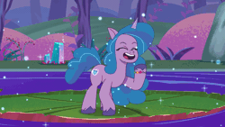 Size: 1280x720 | Tagged: safe, derpibooru import, screencap, izzy moonbow, pony, unicorn, g5, my little pony: tell your tale, spoiler:g5, spoiler:my little pony: tell your tale, spoiler:tyts02e06, animated, female, gif, glowing cutie mark, image, jumping, loop, mare, solo, swirlpool starlight