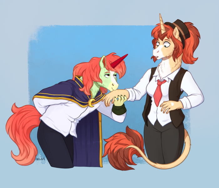 Size: 5629x4825 | Tagged: safe, artist:birdoffnorth, derpibooru import, oc, oc:pistachio, oc:raspberry, unofficial characters only, anthro, unicorn, image, png, raba-pony, royalty