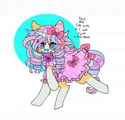Size: 1078x1038 | Tagged: safe, artist:cutesykill, derpibooru import, oc, oc:bubble bleb, unofficial characters only, pony, unicorn, bandage, bandaid, bandaid on nose, bow, clothes, coat markings, colored horn, colorful, dress, ear piercing, earring, fangs, female, hair accessory, hair bow, hairclip, hooves in air, horn, image, jewelry, jpeg, leonine tail, looking at you, mare, multicolored mane, multicolored tail, neck bow, piercing, raised hoof, sharp teeth, simple background, socks (coat marking), solo, tail, tail bow, teeth, text, unicorn oc, white background, wingding eyes