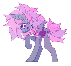 Size: 876x808 | Tagged: safe, artist:cutesykill, derpibooru import, oc, oc:lila-mu, unofficial characters only, pegasus, pony, bag, big ears, clothes, cutie mark, fangs, female, folded wings, image, mare, multicolored mane, multicolored tail, pegasus oc, png, raised hoof, scarf, sharp teeth, simple background, small wings, solo, standing, tail, teeth, white background, wingding eyes, wings