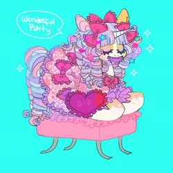 Size: 1021x1021 | Tagged: safe, artist:cutesykill, derpibooru import, oc, oc:bubble bleb, unofficial characters only, pony, rabbit, unicorn, animal, blaze (coat marking), blood, blue background, bow, bowtie, candy, clothes, coat markings, colored horn, colored teeth, colorful, cyan background, decora, dialogue, dress, ear piercing, earring, eyes closed, eyestrain warning, facial markings, fangs, food, freckles, frilly dress, girly, hair accessory, hair bow, hairclip, heart, horn, ice cream, ice cream cone, image, jewelry, jpeg, lollipop, lying down, multicolored mane, multicolored tail, ottoman, piercing, pillow, prone, purple teeth, ringlets, sharp teeth, simple background, sitting, socks (coat marking), sparkles, speech bubble, stars, tail, teeth, text, unicorn oc
