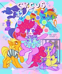 Size: 851x1021 | Tagged: safe, artist:cutesykill, derpibooru import, applejack, fluttershy, pinkie pie, rainbow dash, rarity, twilight sparkle, bear, earth pony, pegasus, pony, unicorn, beanbrows, bodysuit, cage, circus, clothes, cloud, clown, clown makeup, crying, cutie mark, dress, eyebrows, eyes closed, eyeshadow, female, fire, freckles, frown, g4, group, hat, hooves in air, image, jpeg, juggling, looking at you, looking up, makeup, mane six, mare, raised hoof, ring of fire, ringmaster, ruff (clothing), sitting, smiling, sparkles, standing, sweat, sweatdrop, text, top hat, trapeze, whip, worried