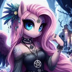 Size: 1024x1024 | Tagged: safe, ai content, machine learning generated, ponerpics import, ponybooru import, fluttershy, anthro, pegasus, pony, black dress, candle, clothes, dress, female, flower, flower in hair, generator:craiyon, goth, image, jewelry, jpeg, looking at you, mare, necklace, night, pentagram, solo, wicca, witch